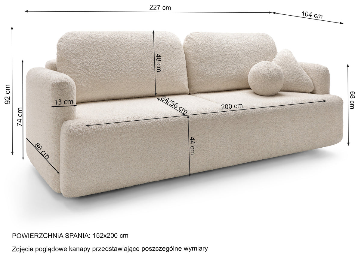 Dreisitziges ausklappbares Sofa Lambina mit Stauraum, hellgrauer Bouclé-Stoff