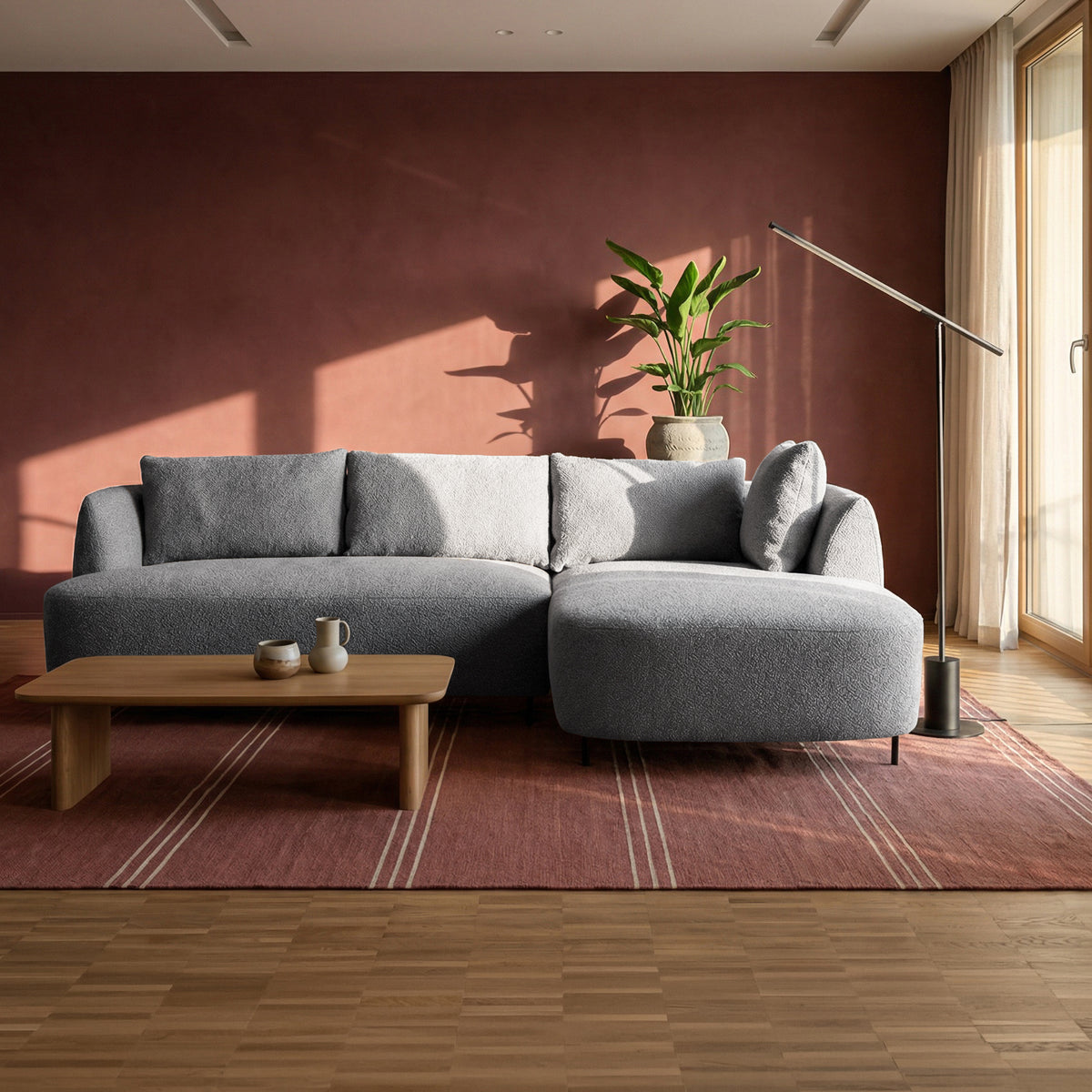 Canapé d'angle modulaire Lanomi en boucle grise, forme L, orientation droite