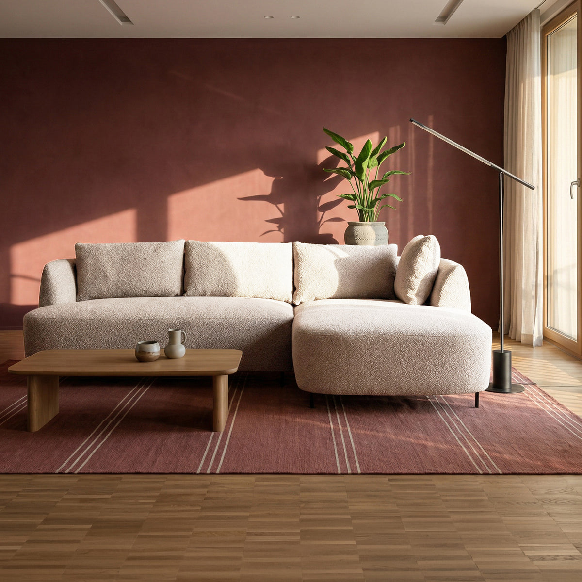 Canapé d'angle modulable Lanomi en L, côté droit, beige boucle