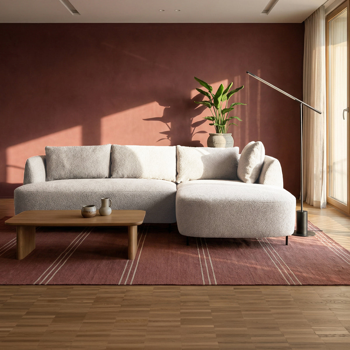 Canapé d'angle modulaire Lanomi en L, droit, bouclé gris-beige