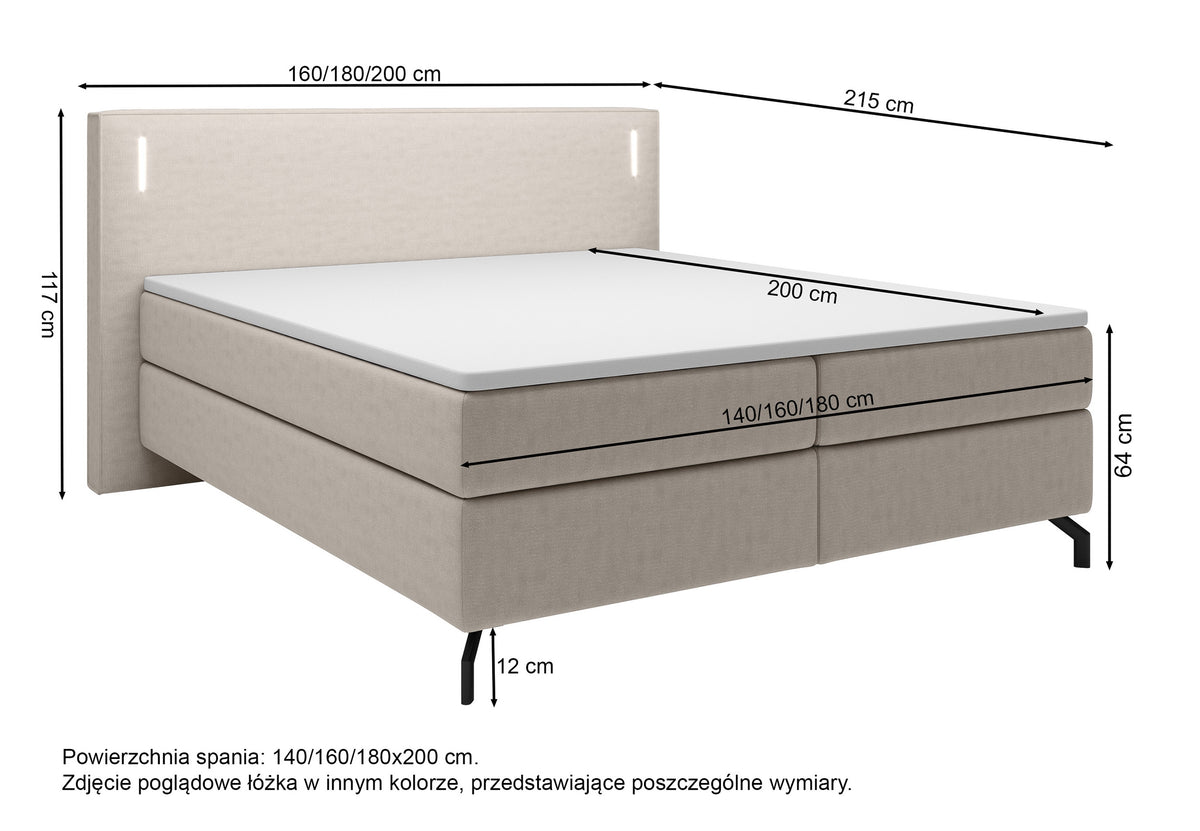 Lit continental Lanko 180x200 cm en velours gris avec topper et éclairage