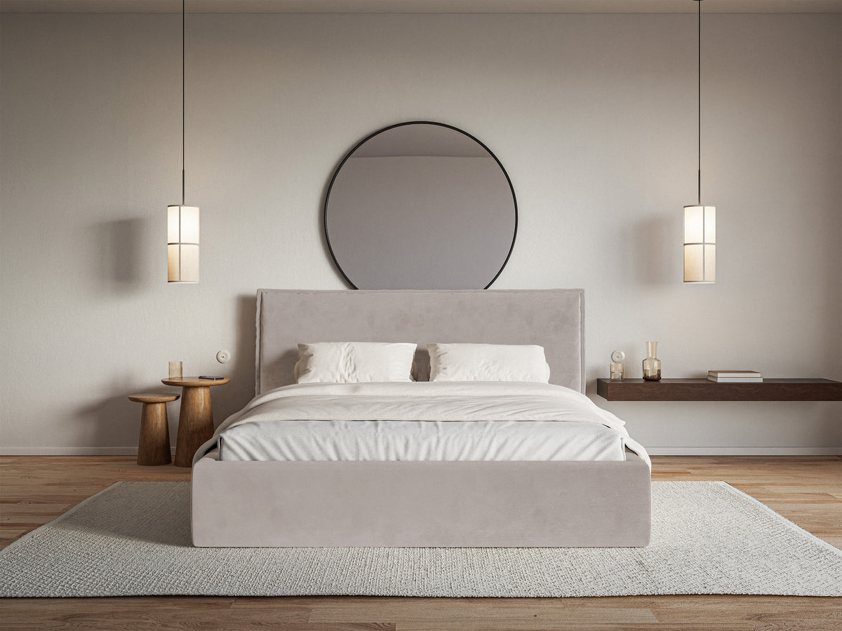 Gepolstertes Bett 160x200 cm Softie mit Stauraum, grau-brauner wasserabweisender Samt, Metallrahmen