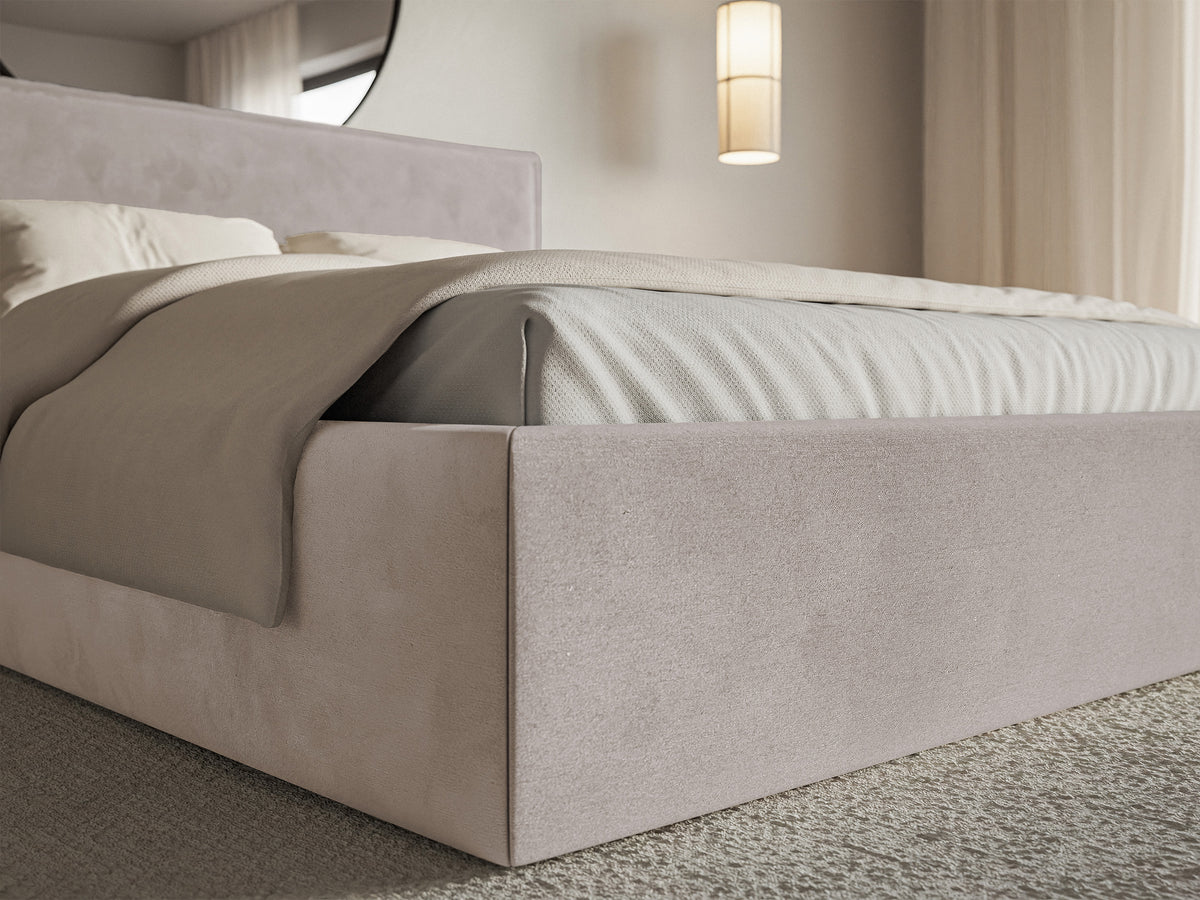 Gepolstertes Bett 160x200 cm Softie mit Stauraum, grau-brauner wasserabweisender Samt, Metallrahmen