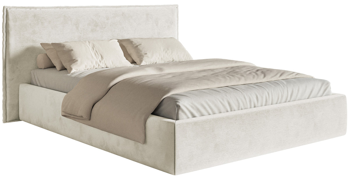 Lit tapissé 140x200 cm Softie avec rangement, velours hydrofuge gris beige, cadre métallique