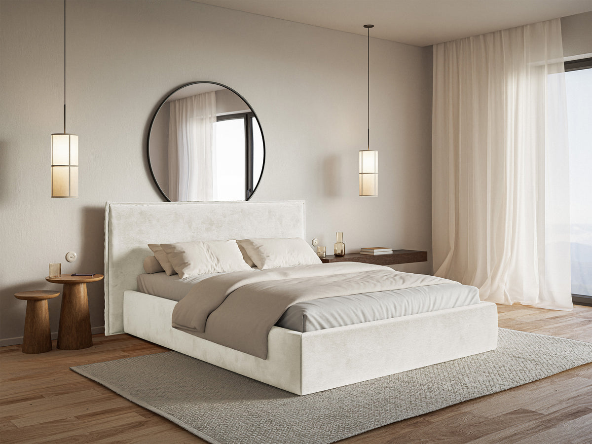 Lit tapissé 140x200 cm Softie avec rangement, velours hydrofuge gris beige, cadre métallique