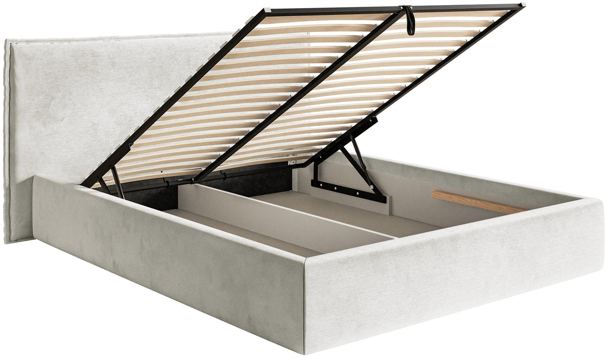 Lit tapissé 180x200 cm Softie avec rangement, velours hydrofuge gris beige, cadre métallique