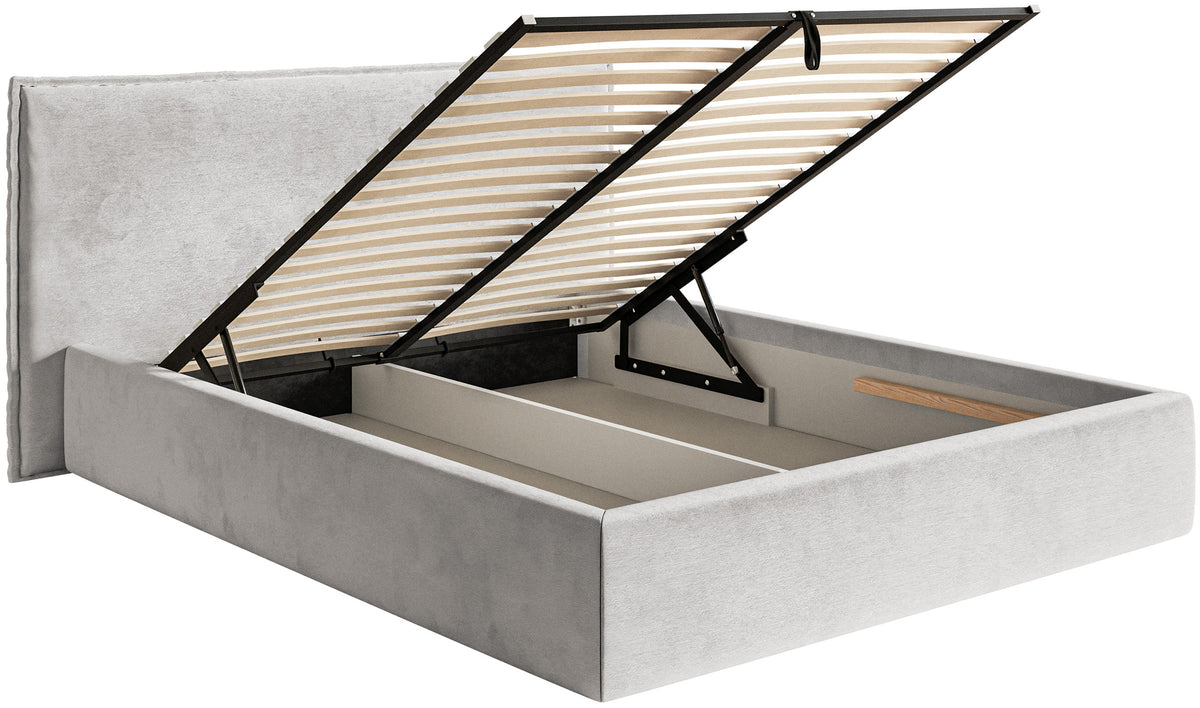 Lit tapissé 140x200 cm Softie avec rangement, velours hydrofuge gris clair, cadre métallique