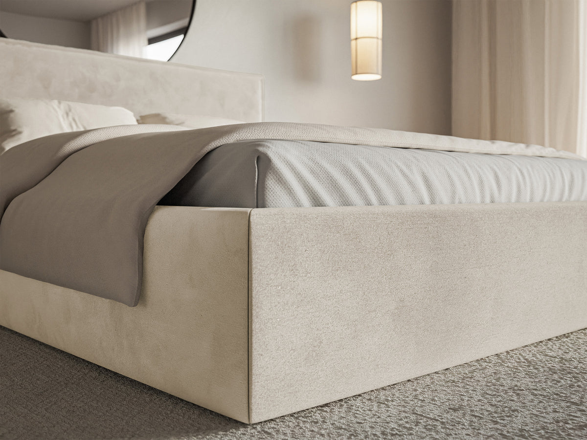 Polsterbett 180x200 cm Softie mit Stauraum, beige, wasserabweisender Samt, Metallrahmen