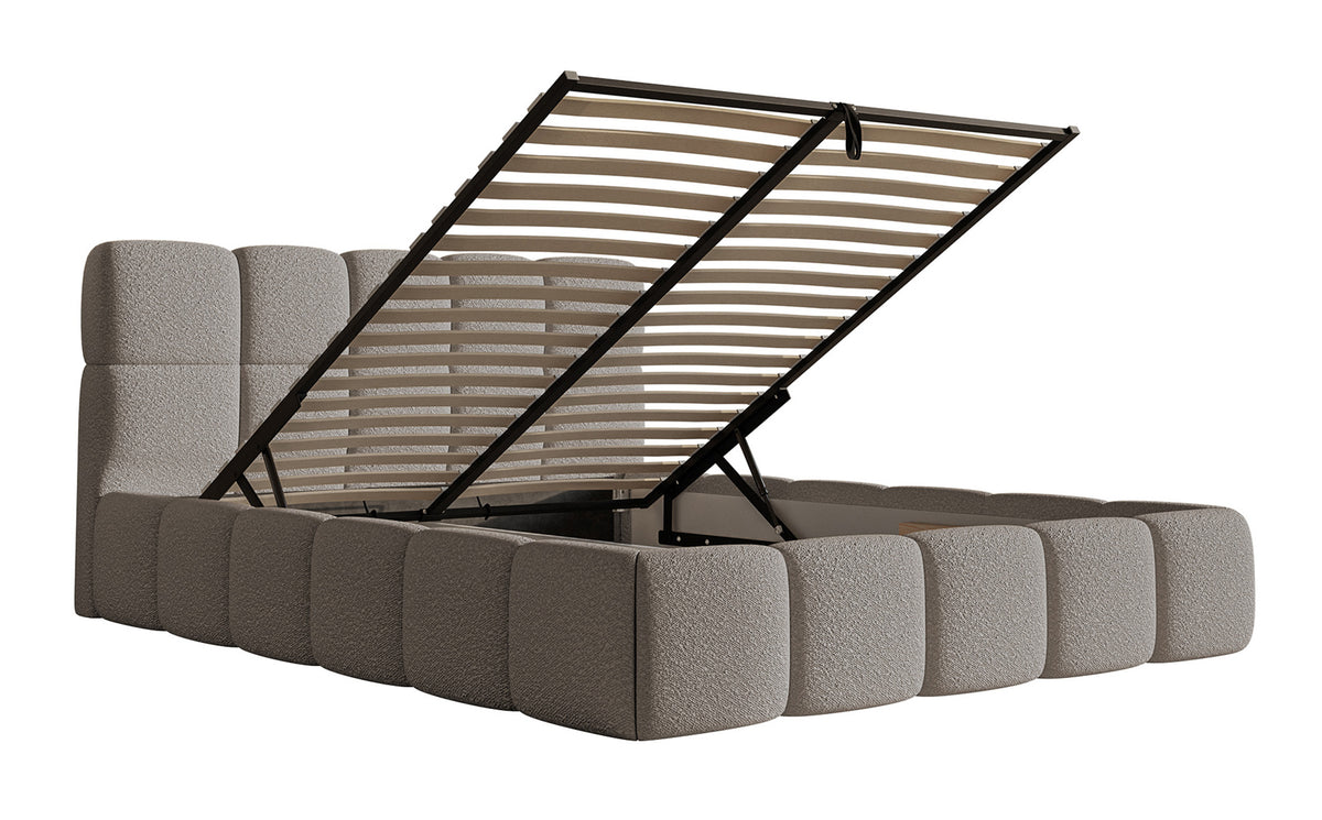 Gepolstertes Bett 200x200 cm Cloudy mit Stauraum, grauer Bouclé-Stoff