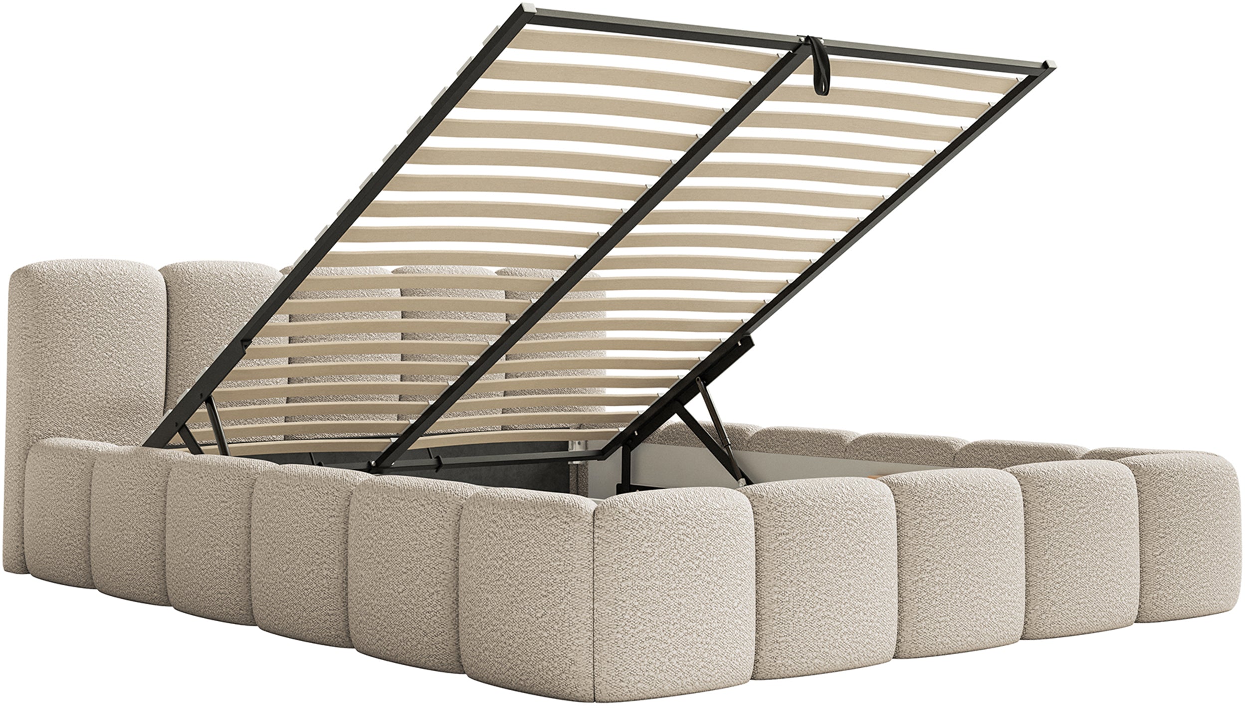 Polsterbett 160x200 cm Cloudy Low mit Stauraum, hellbeige Bouclé, Metallrahmen