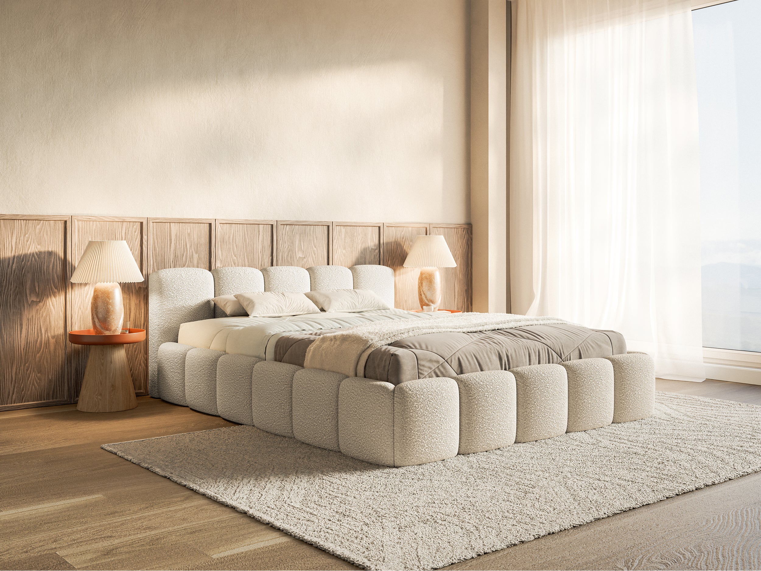 Lit rembourré 160x200 cm Cloudy Low beige clair Bouclé avec sommier à lattes en bois