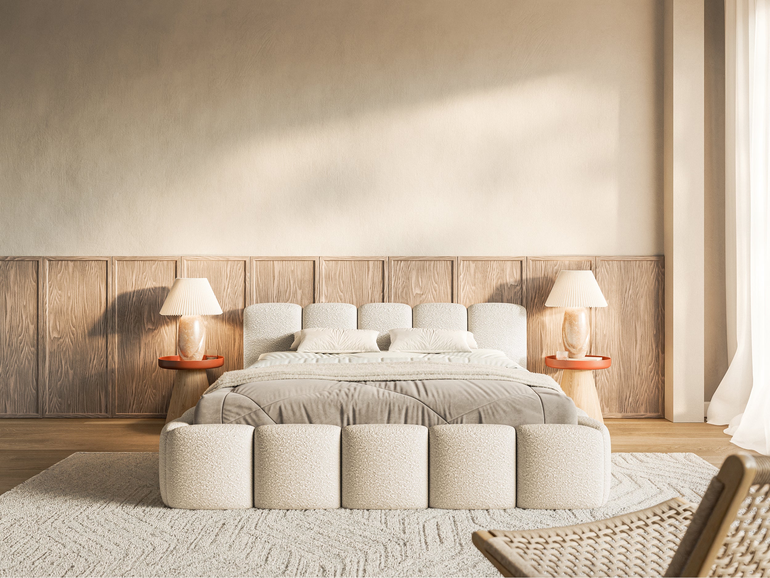 Lit rembourré 160x200 cm Cloudy Low beige clair Bouclé avec sommier à lattes en bois