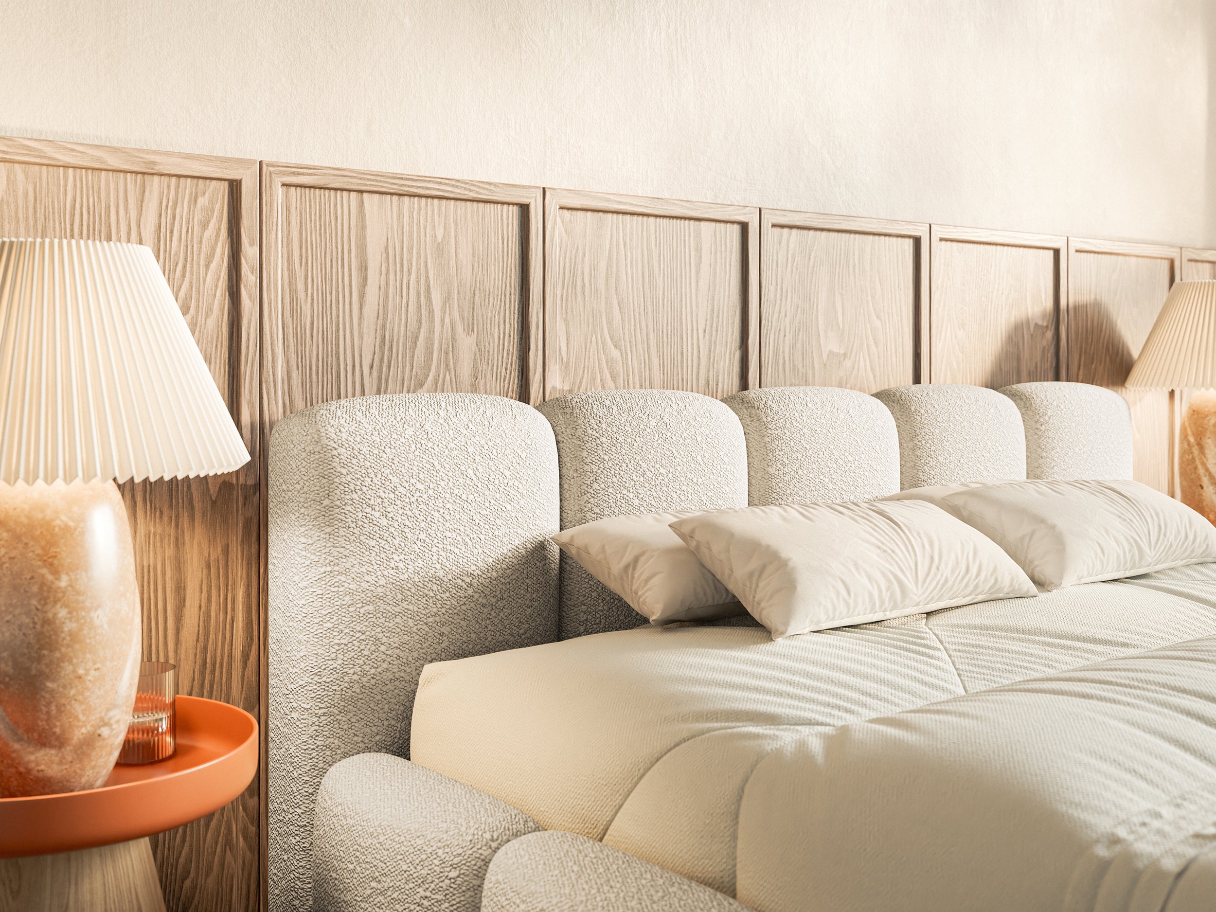 Lit rembourré 160x200 cm Cloudy Low beige clair Bouclé avec sommier à lattes en bois