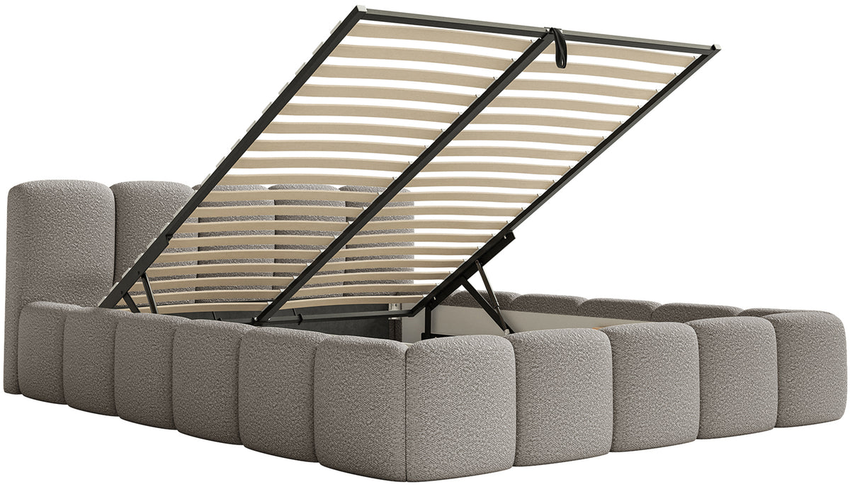 Gepolstertes Bett 160x200 cm Cloudy Low mit Stauraum, grauer Bouclé-Stoff, Metallrahmen