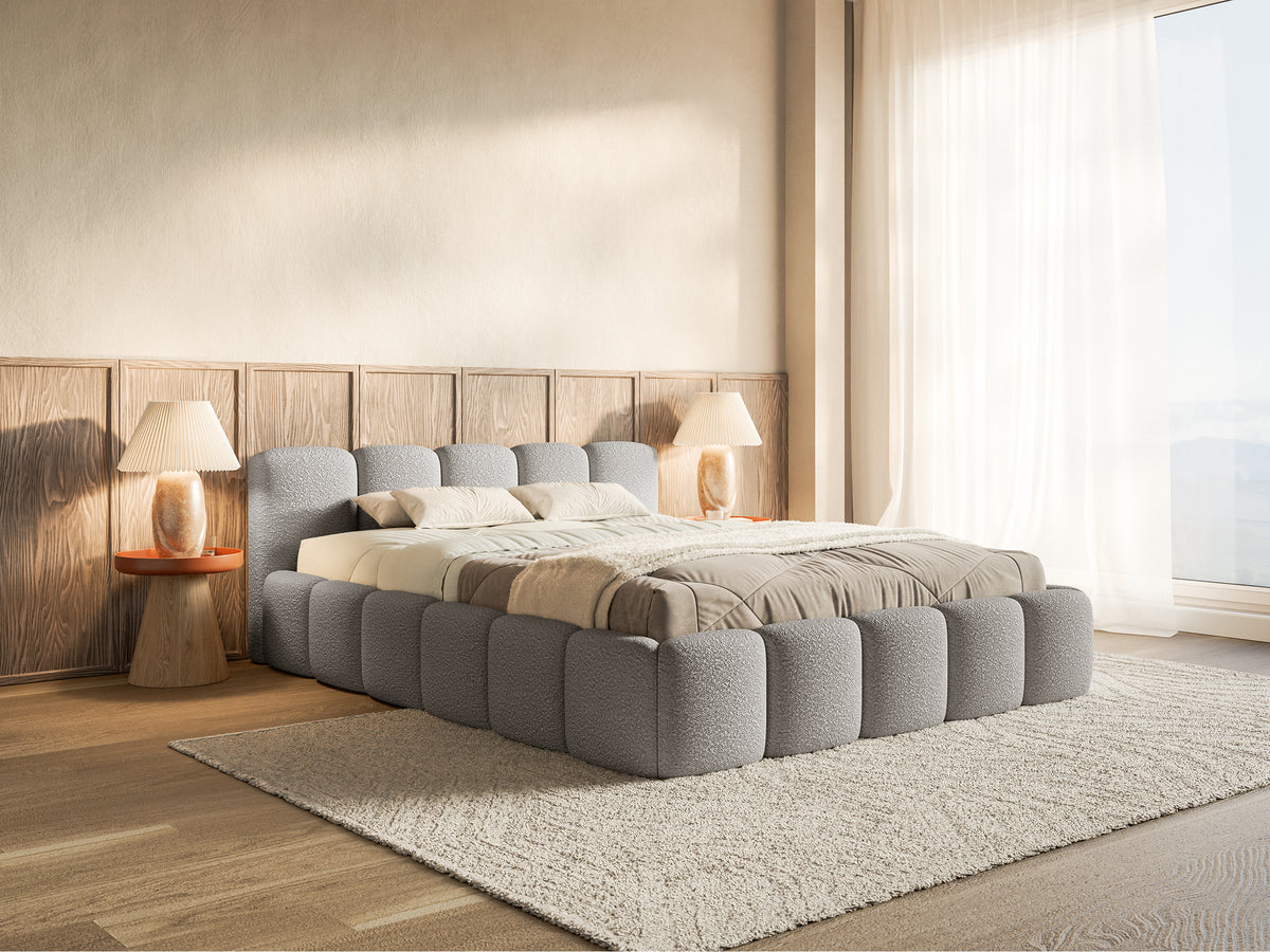Gepolstertes Bett 160x200 cm Cloudy Low mit Stauraum, grauer Bouclé-Stoff, Metallrahmen