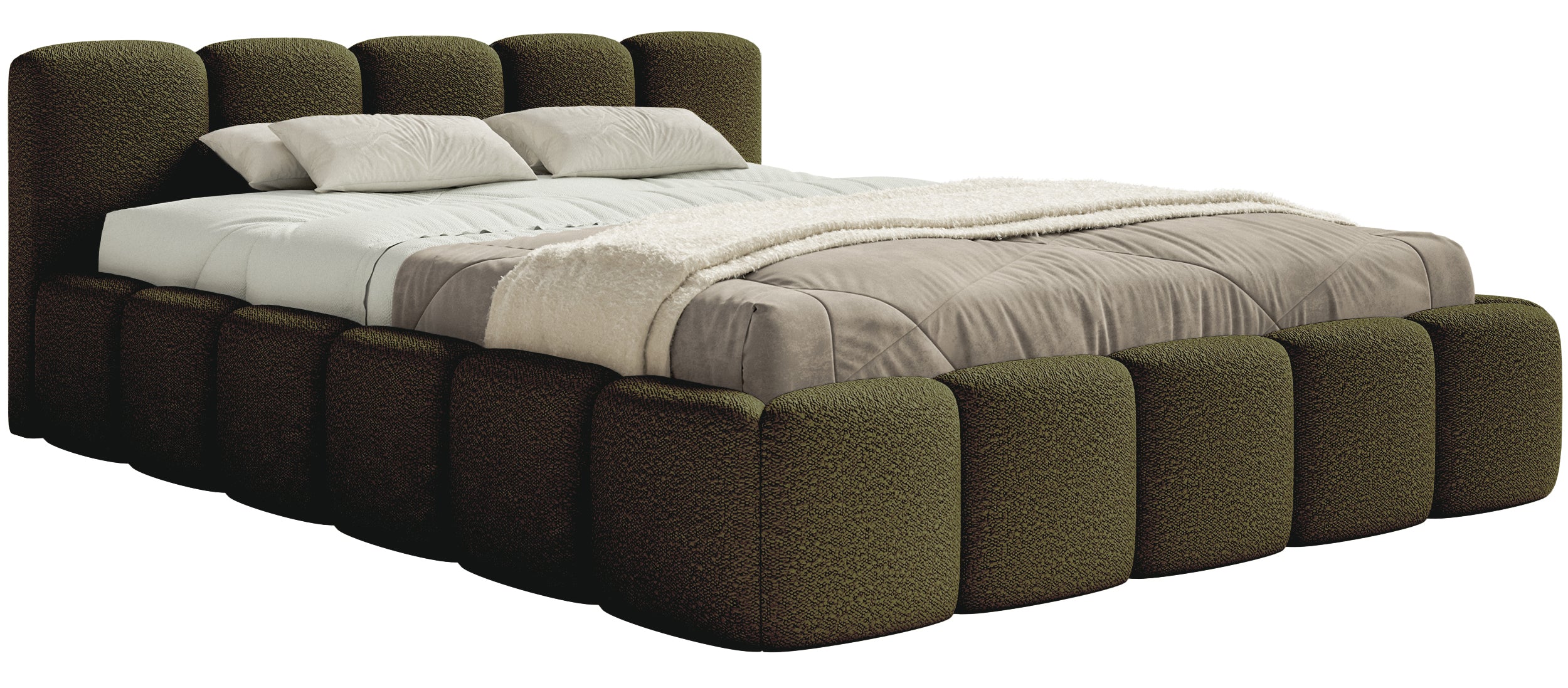 Lit rembourré 180x200 cm Cloudy Low bouclé vert olive avec cadre en bois