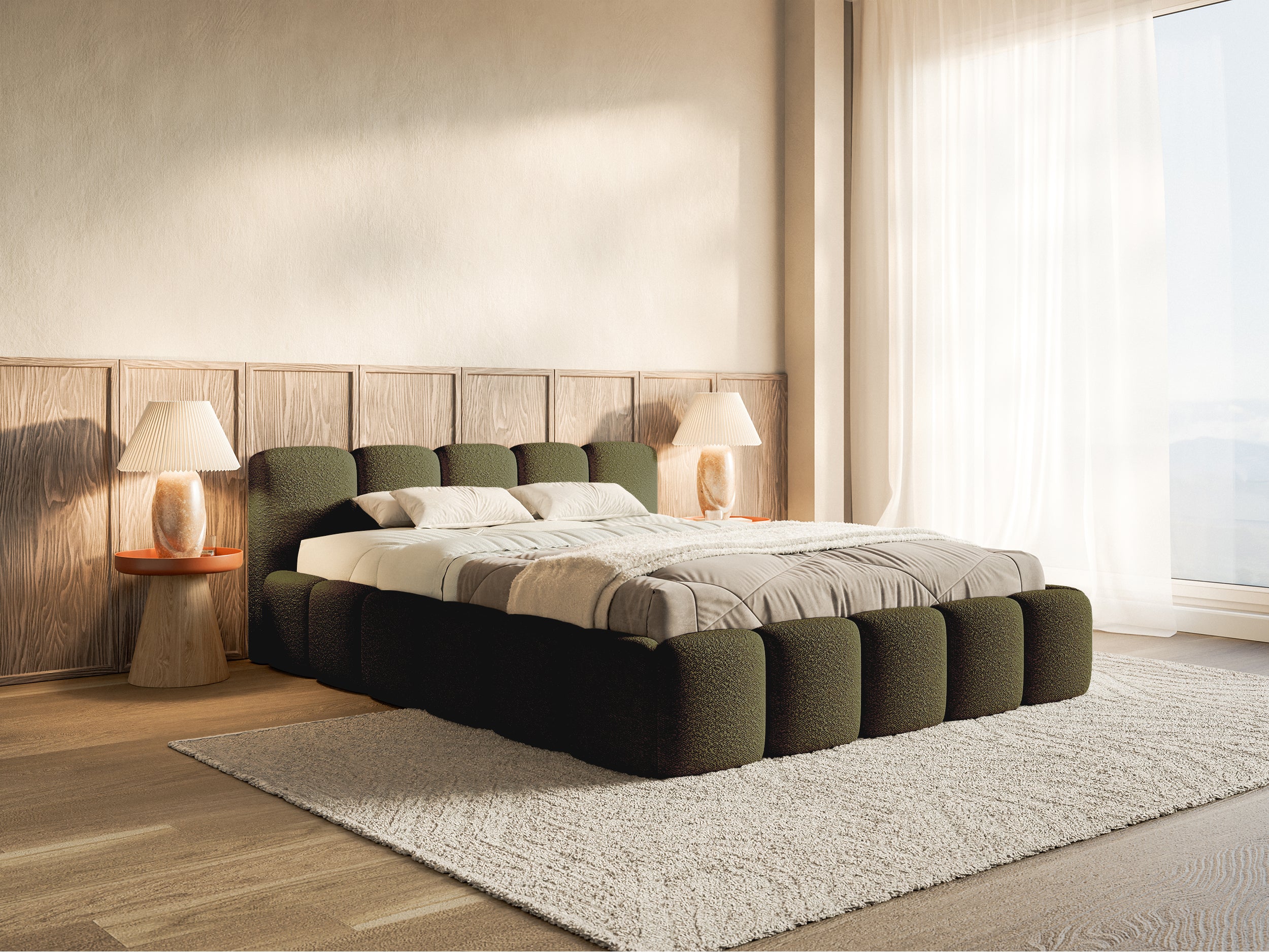 Lit rembourré 180x200 cm Cloudy Low bouclé vert olive avec cadre en bois