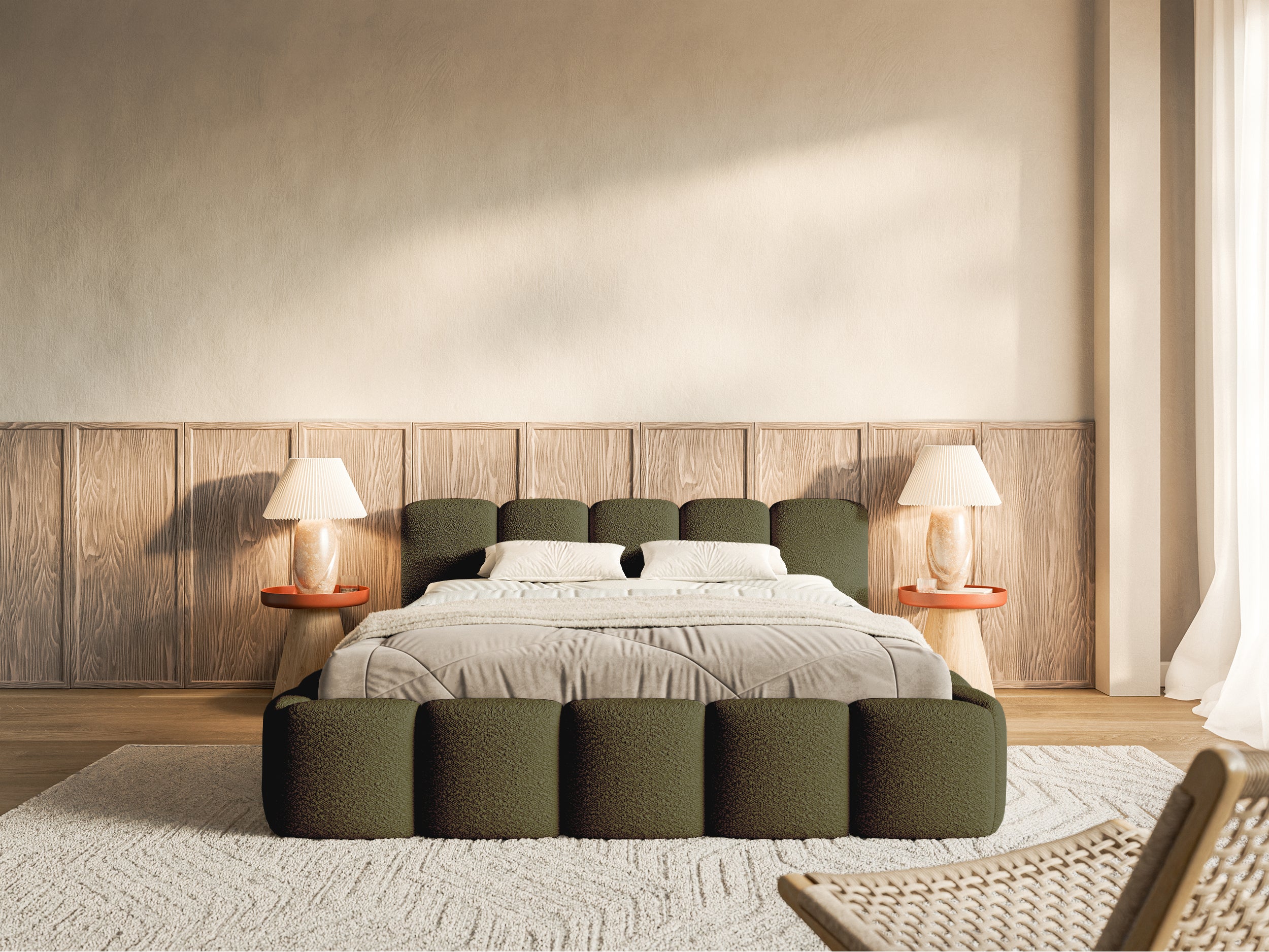 Lit rembourré 180x200 cm Cloudy Low bouclé vert olive avec cadre en bois