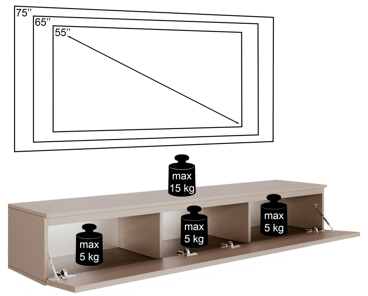 Meuble TV suspendu Lemmi avec abattant 175 cm cachemire