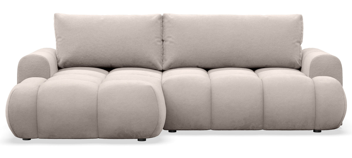 Canapé d'angle convertible Ombo Mini en L, côté gauche, avec coffre de rangement, velours hydrofuge gris beige