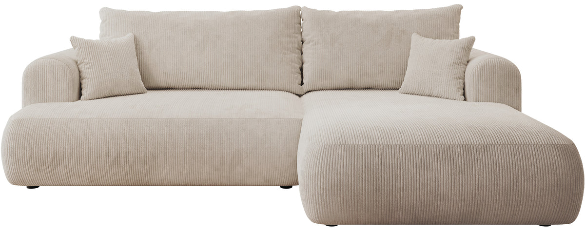 Canapé d'angle droit Ovo Cord en velours côtelé beige clair avec fonction couchage et coffre de rangement