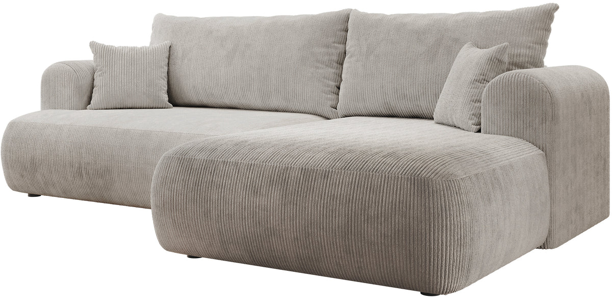 Canapé d'angle droit convertible Ovo Cord en velours côtelé gris beige avec rangement