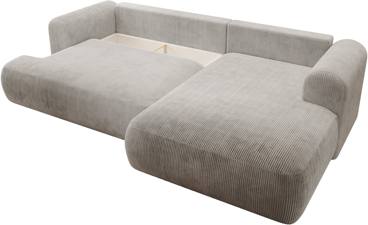 Canapé d'angle droit convertible Ovo Cord en velours côtelé gris beige avec rangement