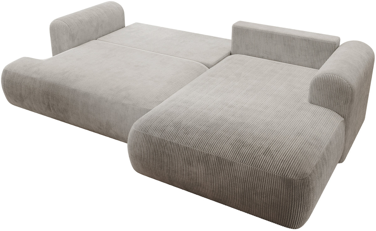 Canapé d'angle droit convertible Ovo Cord en velours côtelé gris beige avec rangement