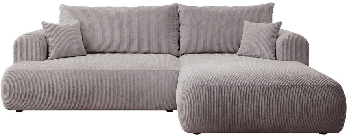 Canapé d'angle droit Ovo Cord avec fonction couchage et coffre de rangement, velours côtelé gris clair