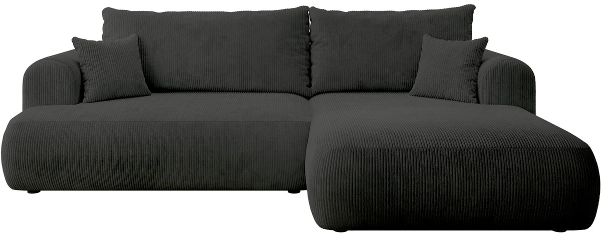 Ovo Cord Ecksofa mit Schlaffunktion, L-Form, rechtsseitig, mit Stauraum, dunkelgrauer Cordstoff