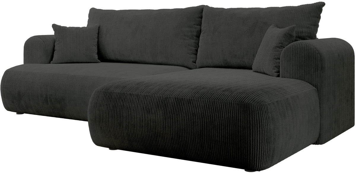 Ovo Cord Ecksofa mit Schlaffunktion, L-Form, rechtsseitig, mit Stauraum, dunkelgrauer Cordstoff