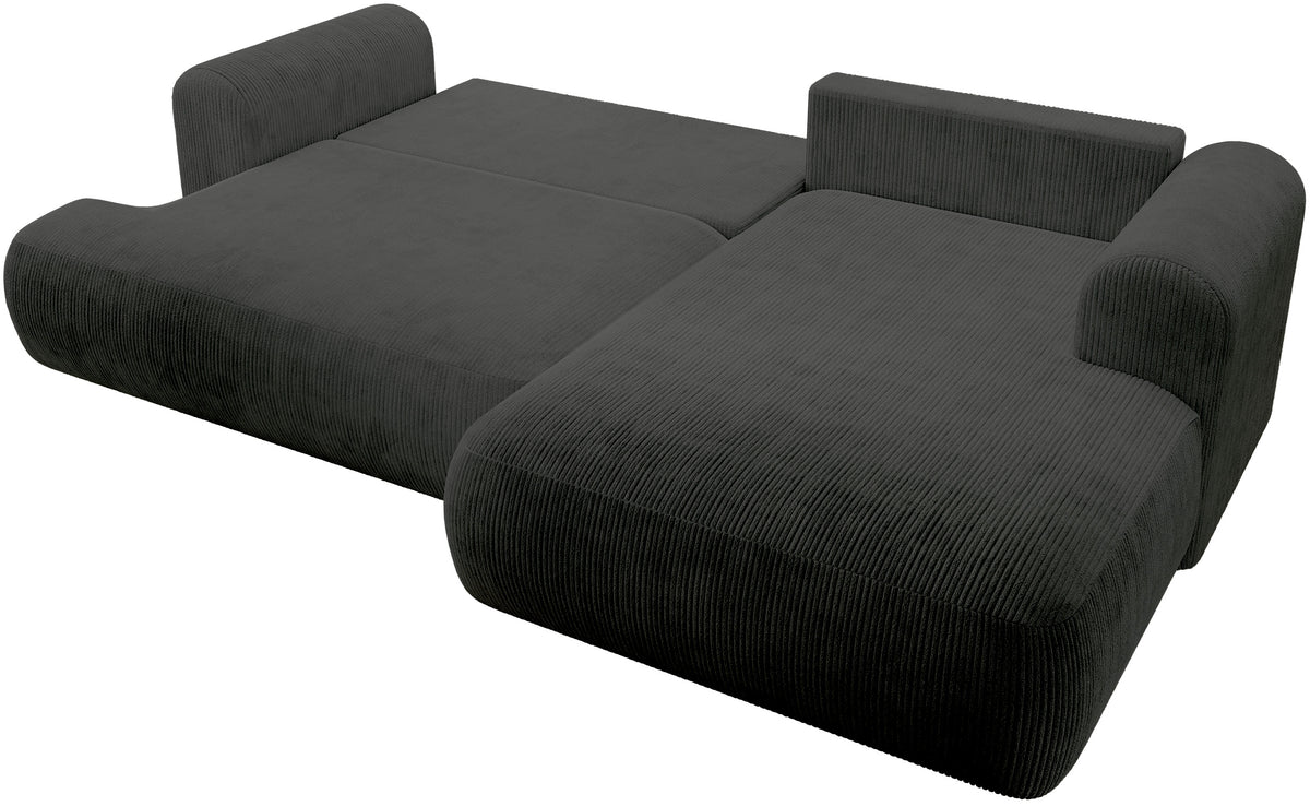 Ovo Cord Ecksofa mit Schlaffunktion, L-Form, rechtsseitig, mit Stauraum, dunkelgrauer Cordstoff