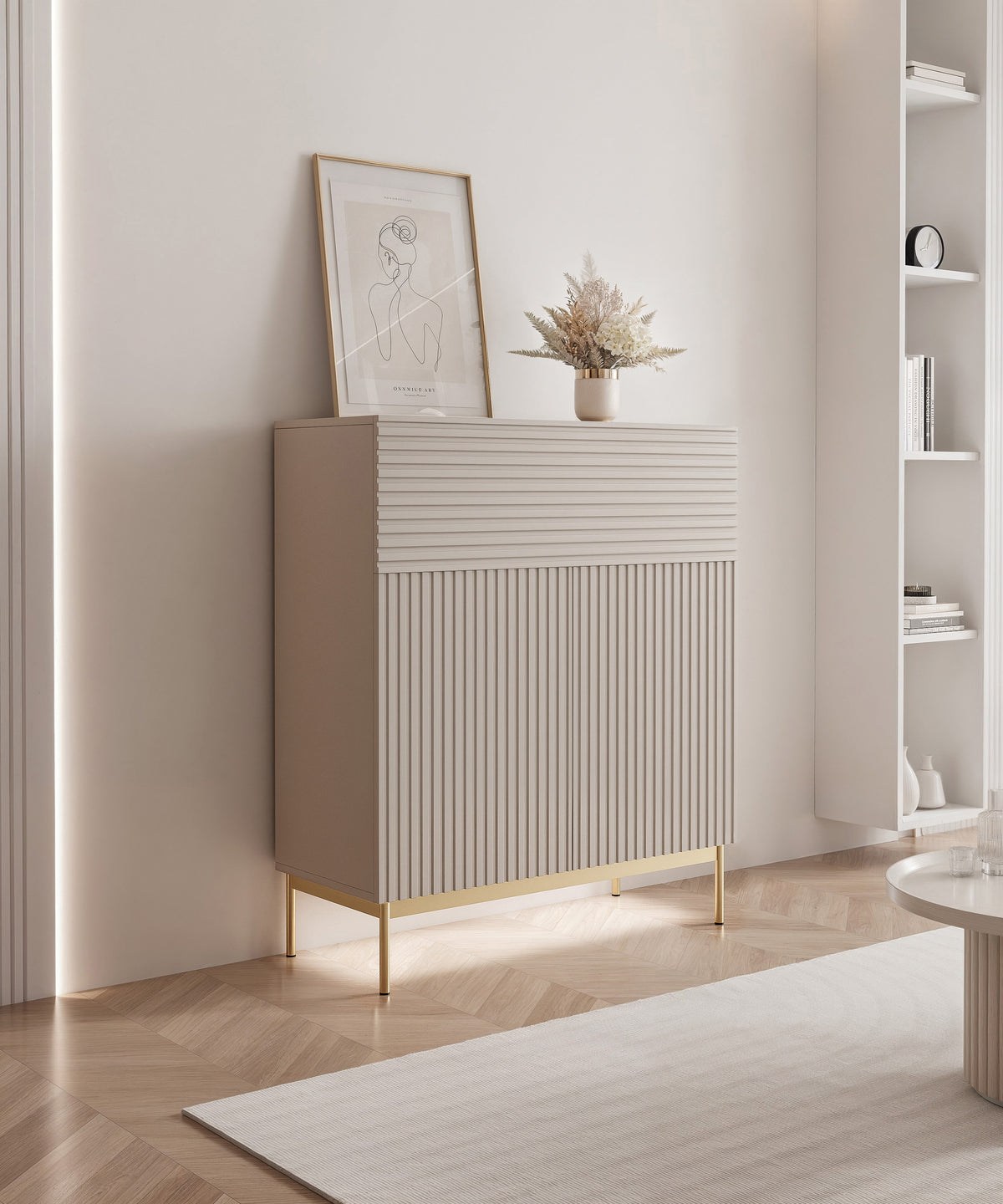 Commode deux portes Linearis avec compartiment basculant et éclairage LED 92 cm cachemire sur pieds dorés