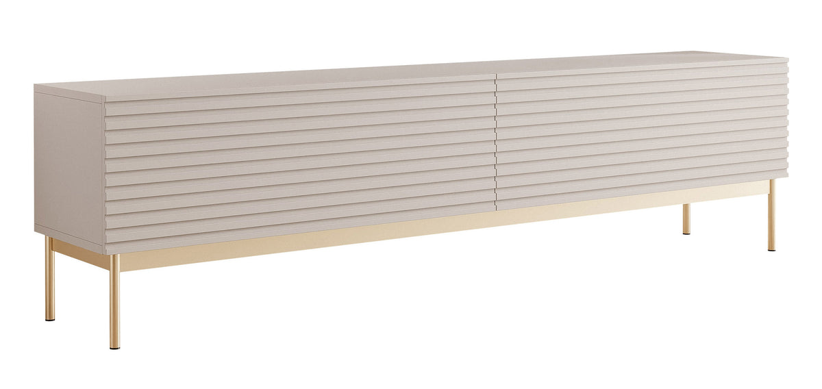Meuble TV Linearis avec deux compartiments basculants et éclairage LED, 175 cm, cachemire sur pieds dorés