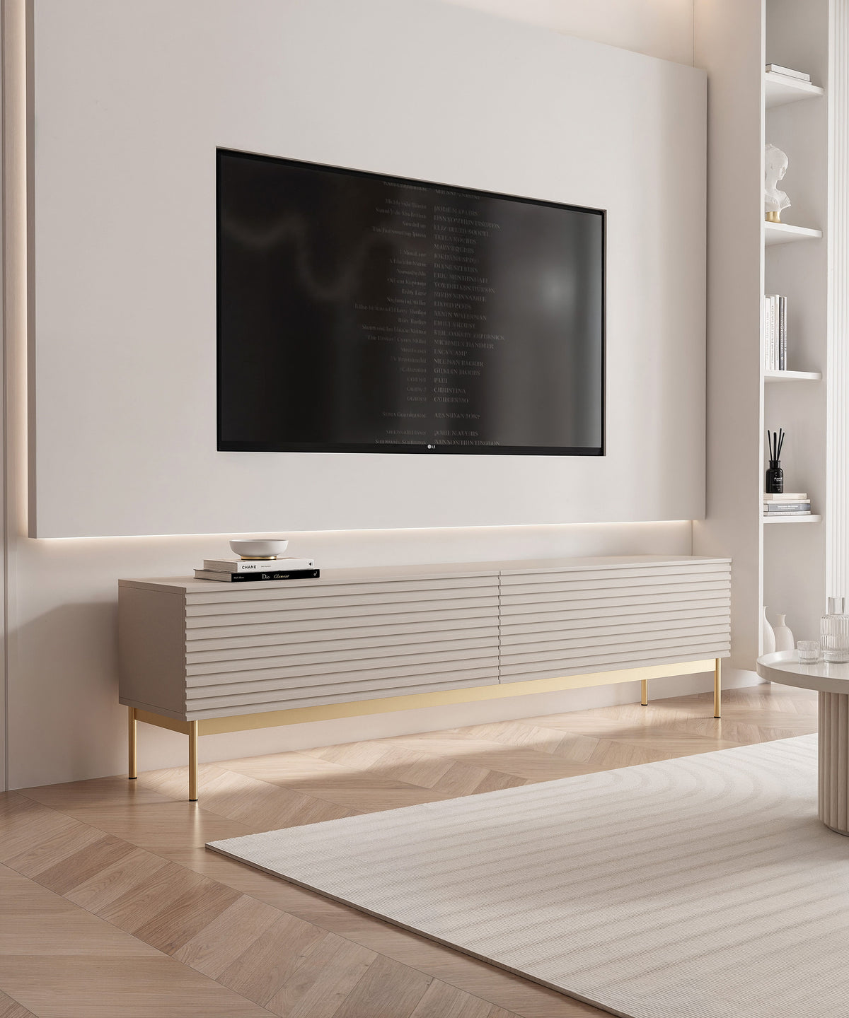 Meuble TV Linearis avec deux compartiments basculants et éclairage LED, 175 cm, cachemire sur pieds dorés
