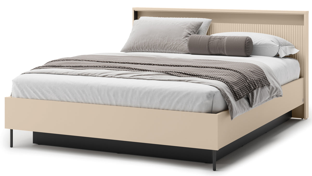 Trend Bett 160x200 cm geriffelt mit Stauraum und Beleuchtung sandbeige / schwarz
