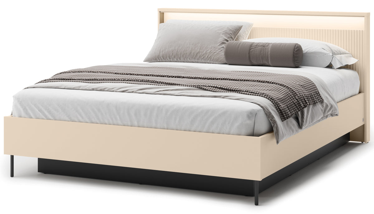 Trend Bett 160x200 cm geriffelt mit Stauraum und Beleuchtung sandbeige / schwarz