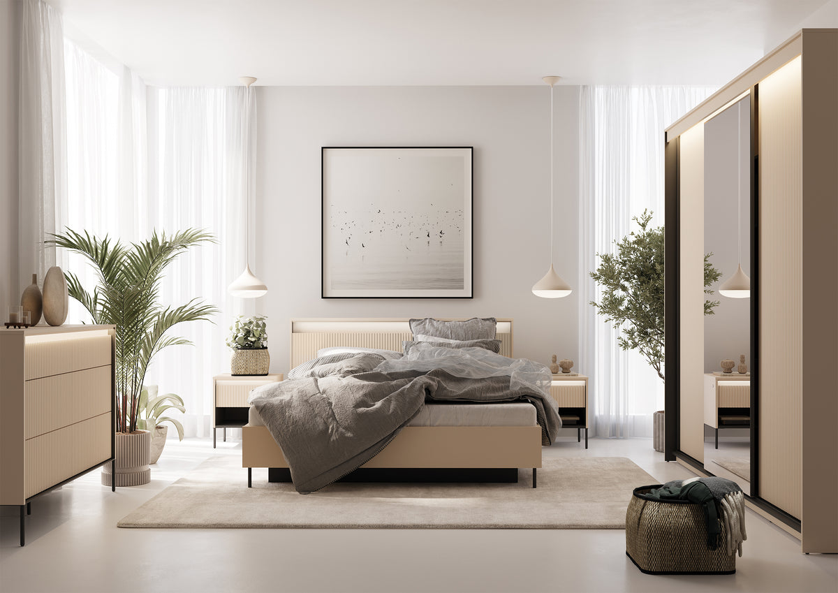Trend-Bett 180x200 cm, gerillt, mit Stauraum und Beleuchtung, sandbeige / schwarz
