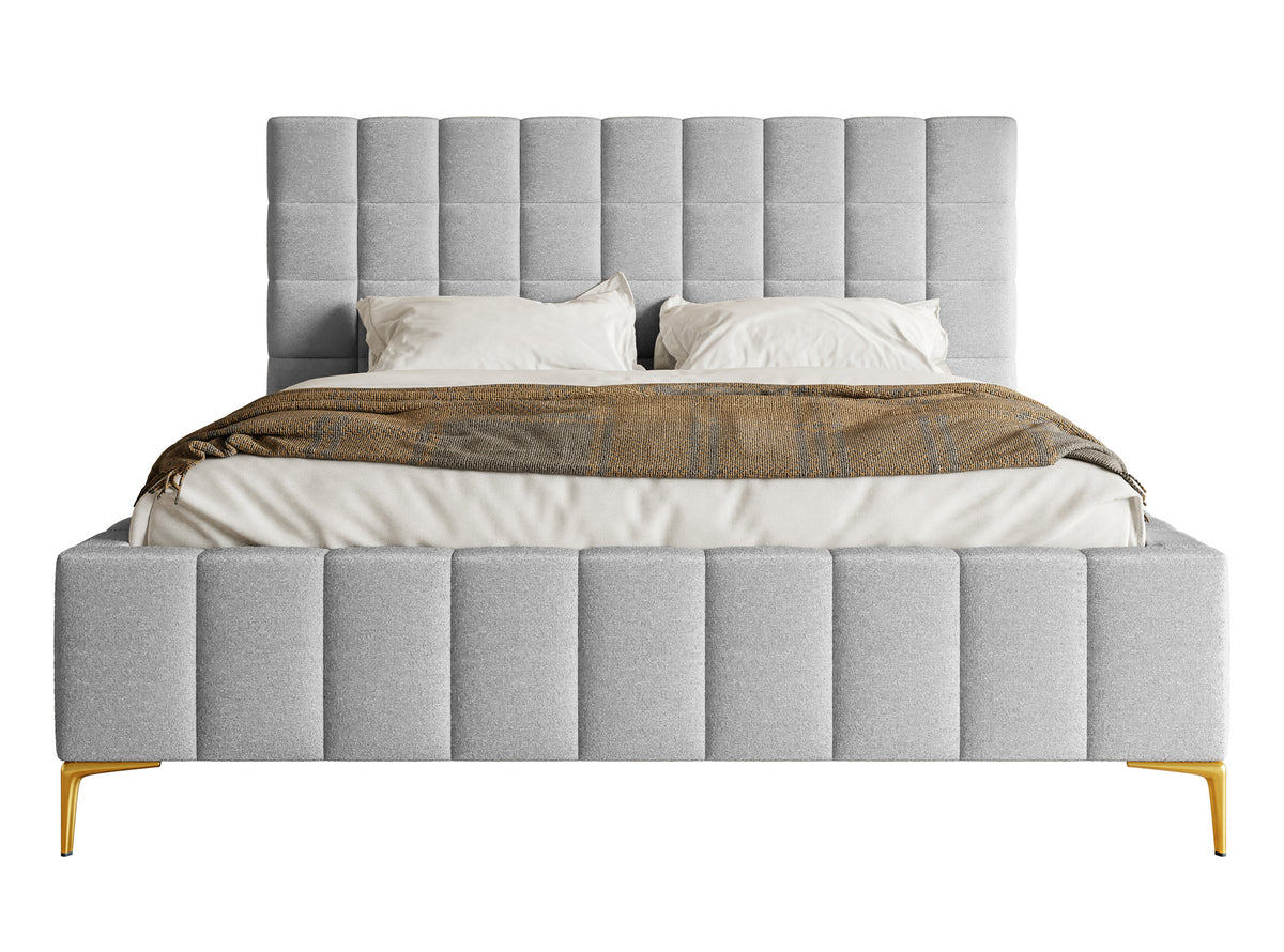 Lit tapissé 140x200 cm Szejlo avec rangement, cadre métallique, chenille gris clair