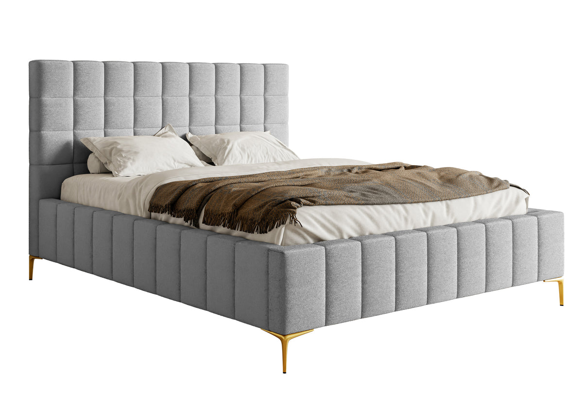 Lit tapissé 140x200 cm Szejlo avec rangement, cadre métallique, chenille gris clair