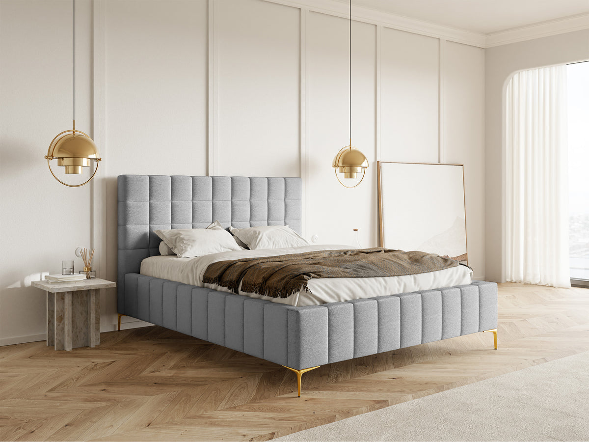 Lit tapissé 140x200 cm Szejlo avec rangement, cadre métallique, chenille gris clair