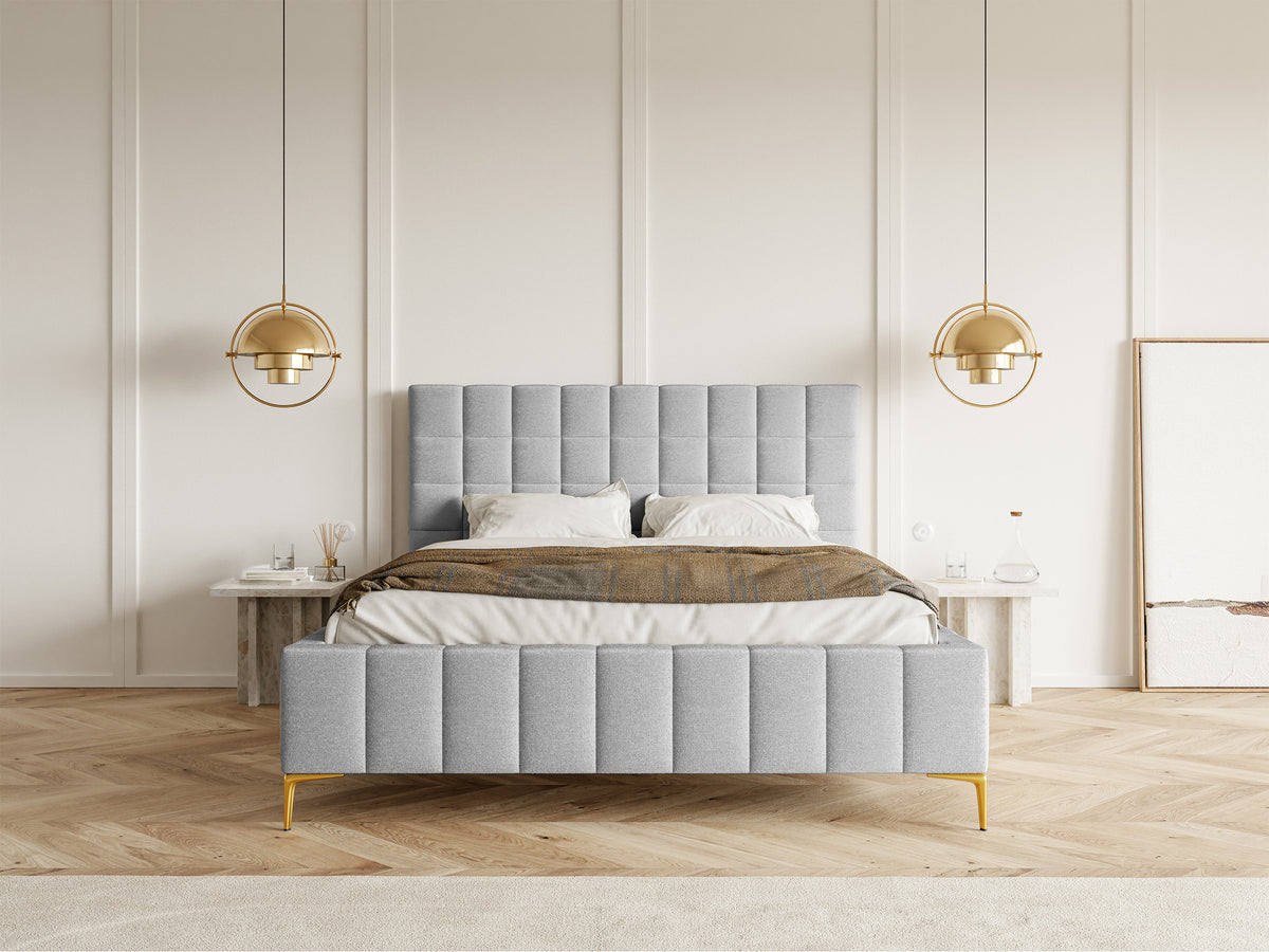 Lit tapissé 140x200 cm Szejlo avec rangement, cadre métallique, chenille gris clair