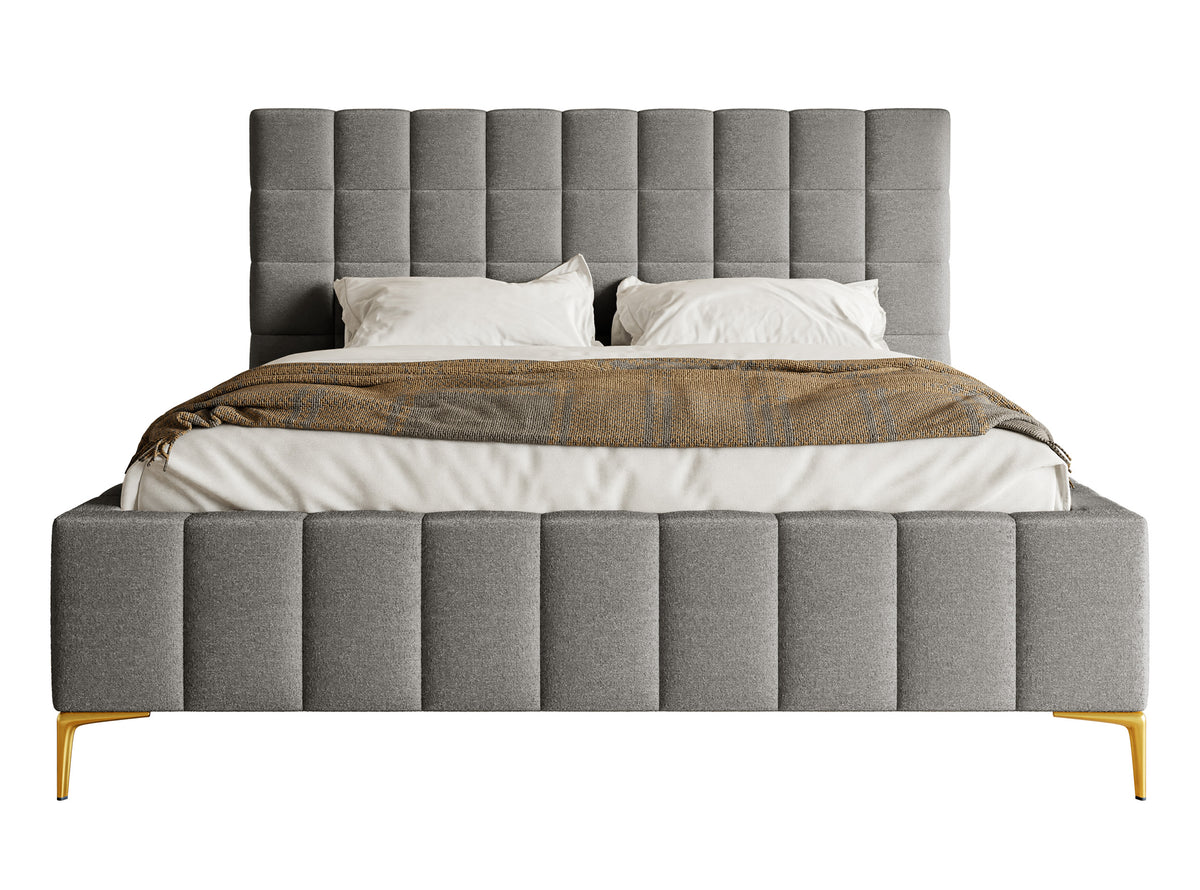 Lit tapissé 180x200 cm Szejlo avec rangement cadre métallique gris chiné