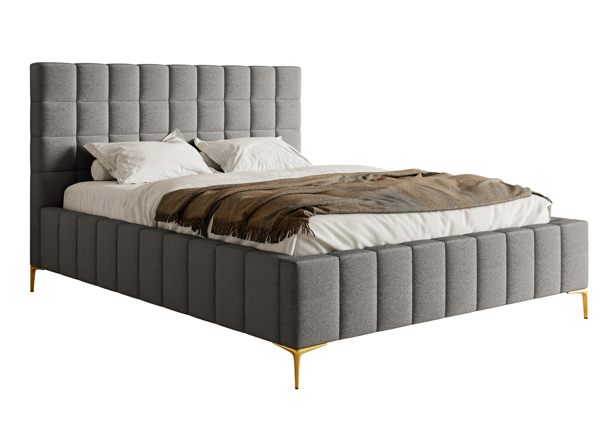 Lit tapissé 180x200 cm Szejlo avec rangement cadre métallique gris chiné