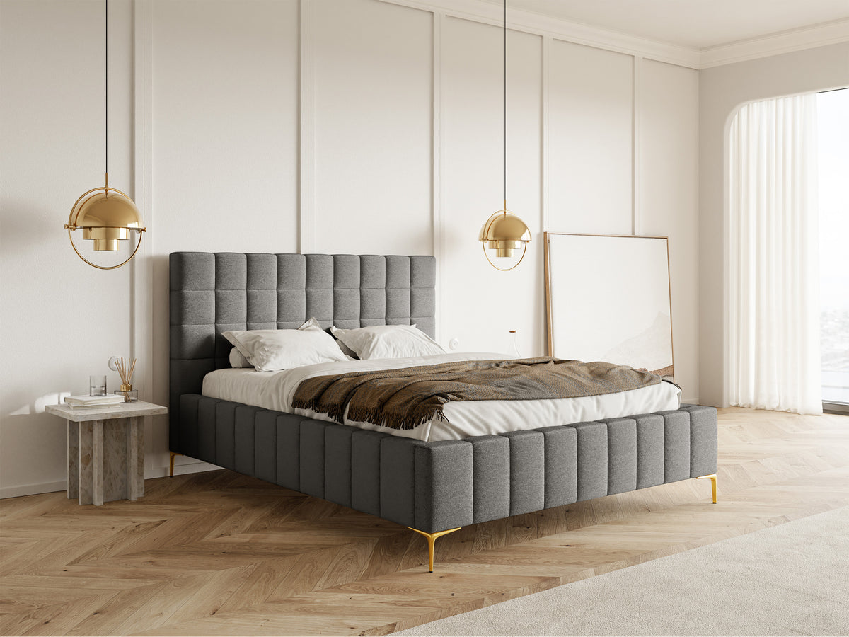 Lit tapissé 180x200 cm Szejlo avec rangement cadre métallique gris chiné