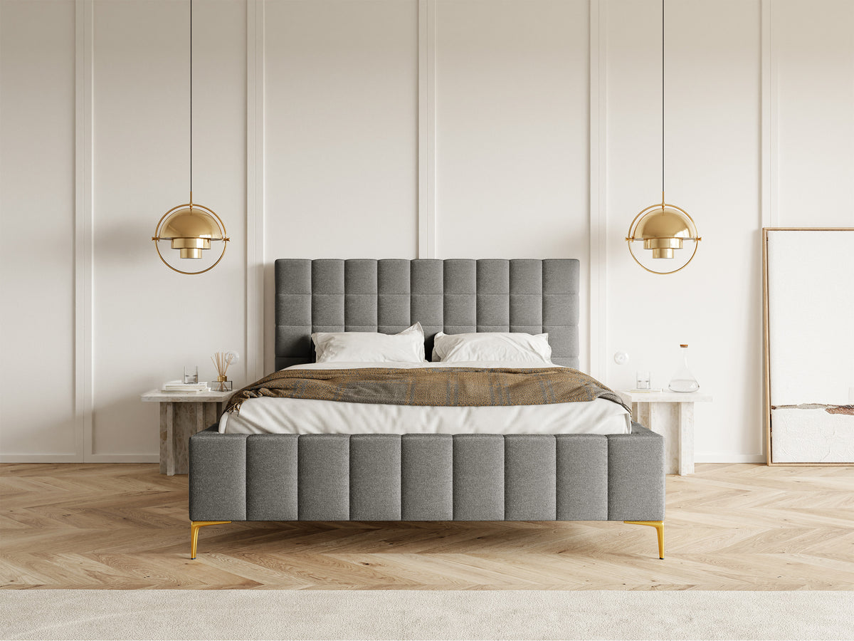 Lit tapissé 180x200 cm Szejlo avec rangement cadre métallique gris chiné