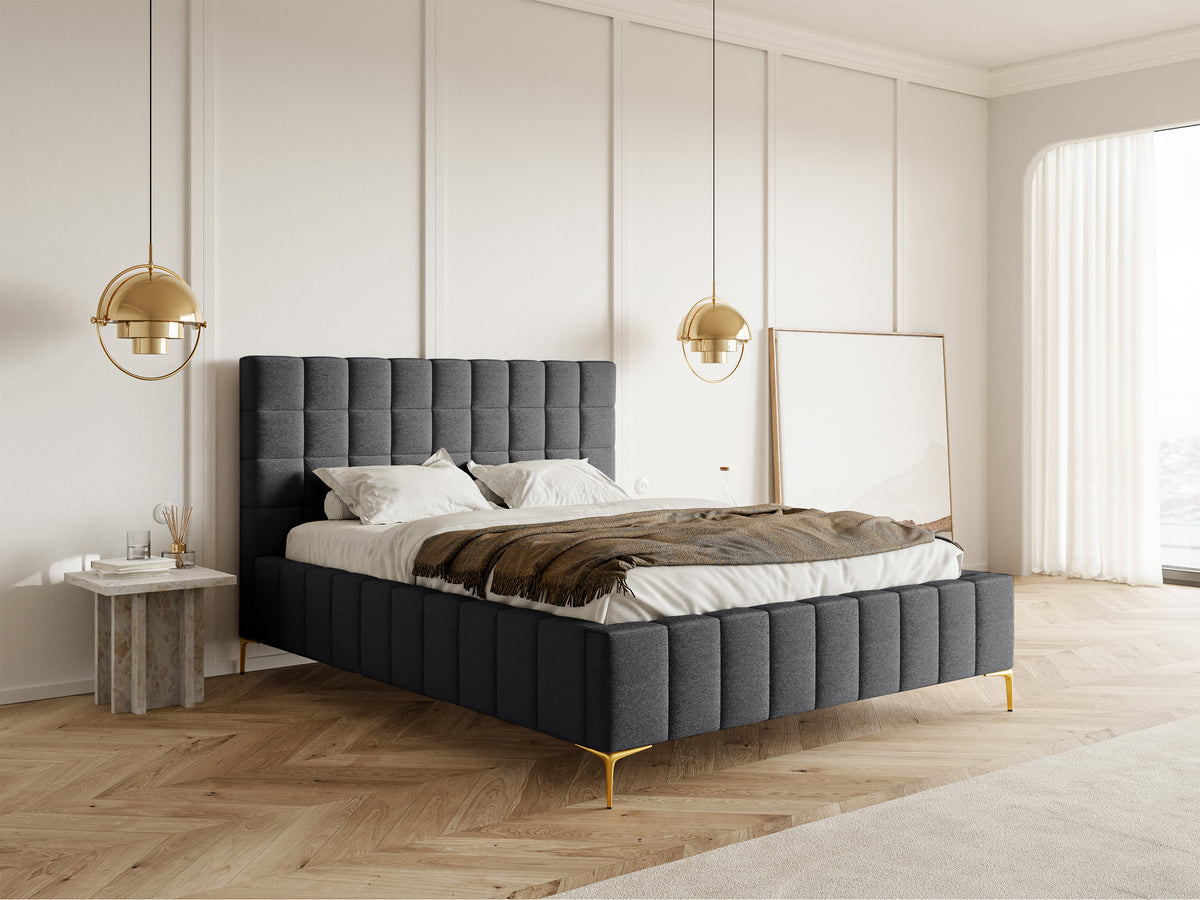 Gepolstertes Bett 160x200 cm Szejlo mit Stauraum, Metallrahmen, dunkelgrauer Chenille-Stoff