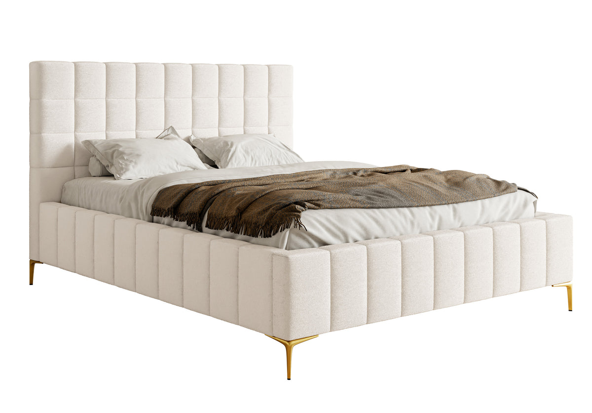 Polsterbett 180x200 cm Szejlo mit Stauraum, Metallrahmen, cremefarbenes Chenille