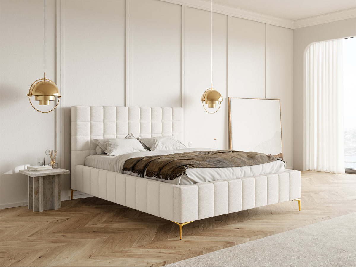 Polsterbett 180x200 cm Szejlo mit Stauraum, Metallrahmen, cremefarbenes Chenille