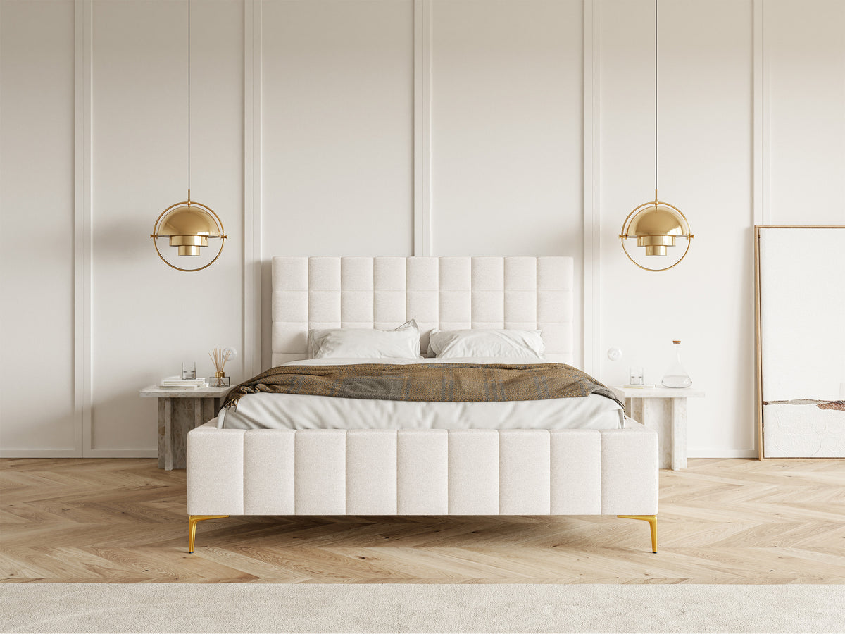 Polsterbett 180x200 cm Szejlo mit Stauraum, Metallrahmen, cremefarbenes Chenille